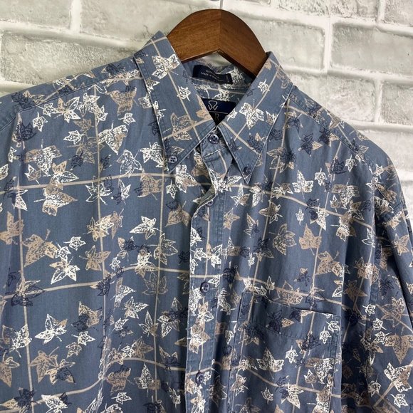 Enro Shirts Vintage Enro Shirt Steel Blue Falling Leaves All Over